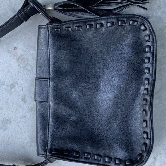 Black Faux Leather Cross Body Purse with Silver and Teal Boho Front with Fringe - Picture 5 of 6